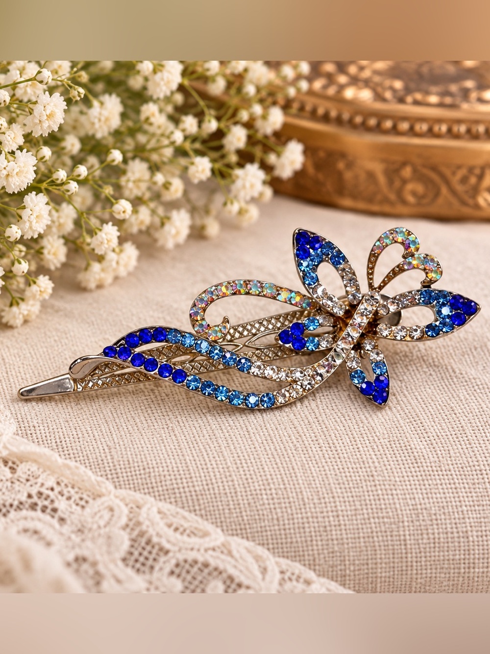 Meiji Vintage Blue Crystal Butterfly Hair Clip